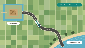 Aerial illustration of a private car on a road from Angkor Wat in Siem Reap, through rice fields, to the Sihanoukville coast