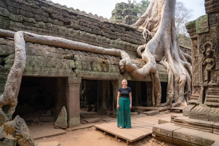 A traveller at Ta Prohm where tree roots spread across the temple gallery